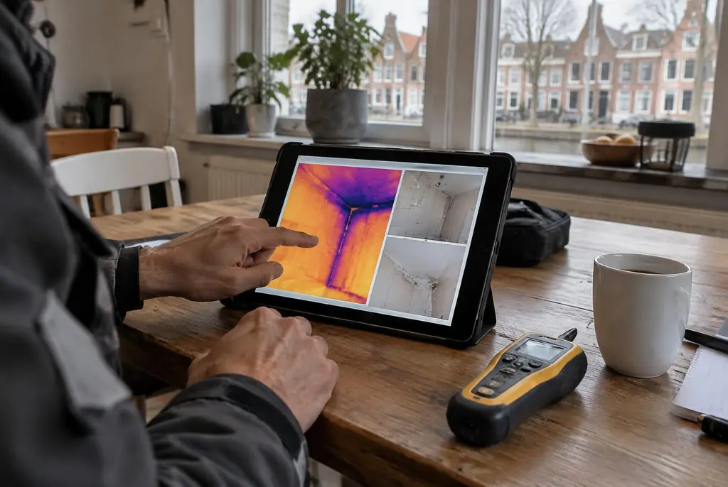 Lekdetectie Landsmeer – lekdetectierapport met warmtebeelden en foto's op een tablet