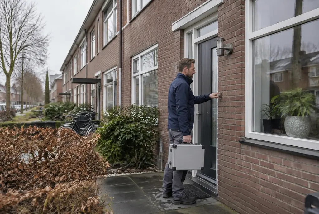 Lekdetectiespecialist met meetkoffer bij de voordeur van een woning in Landsmeer